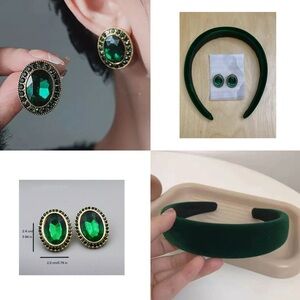 NEW Retro Fashion Green Padded Headband & Oval Stud Earrings Christmas Holiday